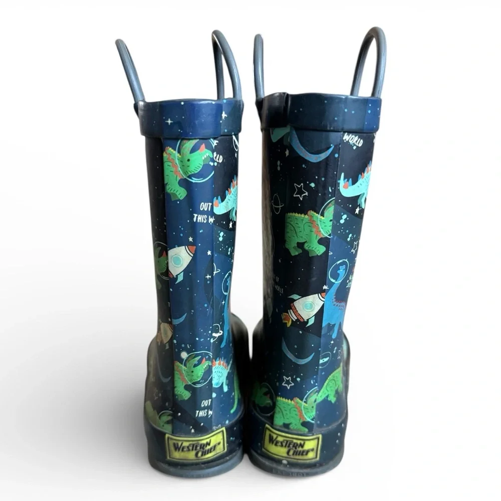 Western Chief Kids Waterproof Rain Boots Dino Space Navy Pull On Outdoor Size 13